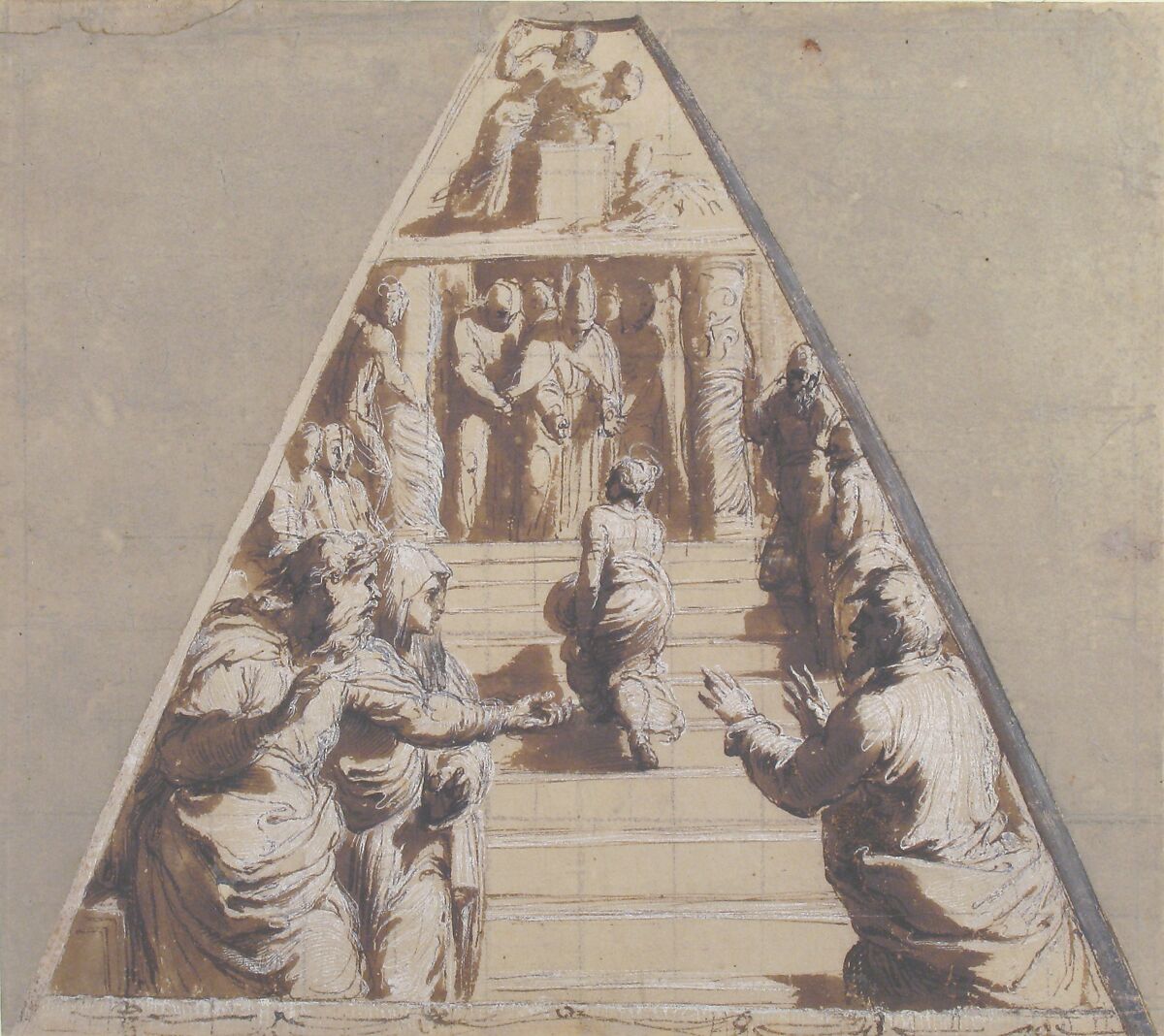 Presentation of the Virgin in the Temple (below), Abraham about to Sacrifice Isaac (above), Perino del Vaga (Pietro Buonaccorsi) (Italian, Florence 1501–1547 Rome), Pen and brown ink, brush and brown wash, highlighted with white gouache, squared in black chalk, on brownish paper. The empty triangular corners are tinted in gray-green wash, the right diagonal border tinted in gray wash