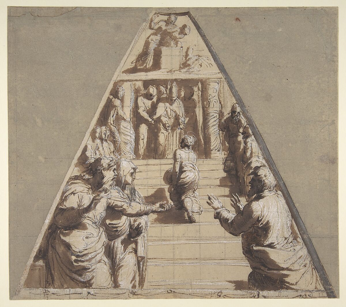 Presentation of the Virgin in the Temple (below), Abraham about to Sacrifice Isaac (above), Perino del Vaga (Pietro Buonaccorsi) (Italian, Florence 1501–1547 Rome), Pen and brown ink, brush and brown wash, highlighted with white gouache, squared in black chalk, on brownish paper. The empty triangular corners are tinted in gray-green wash, the right diagonal border tinted in gray wash 