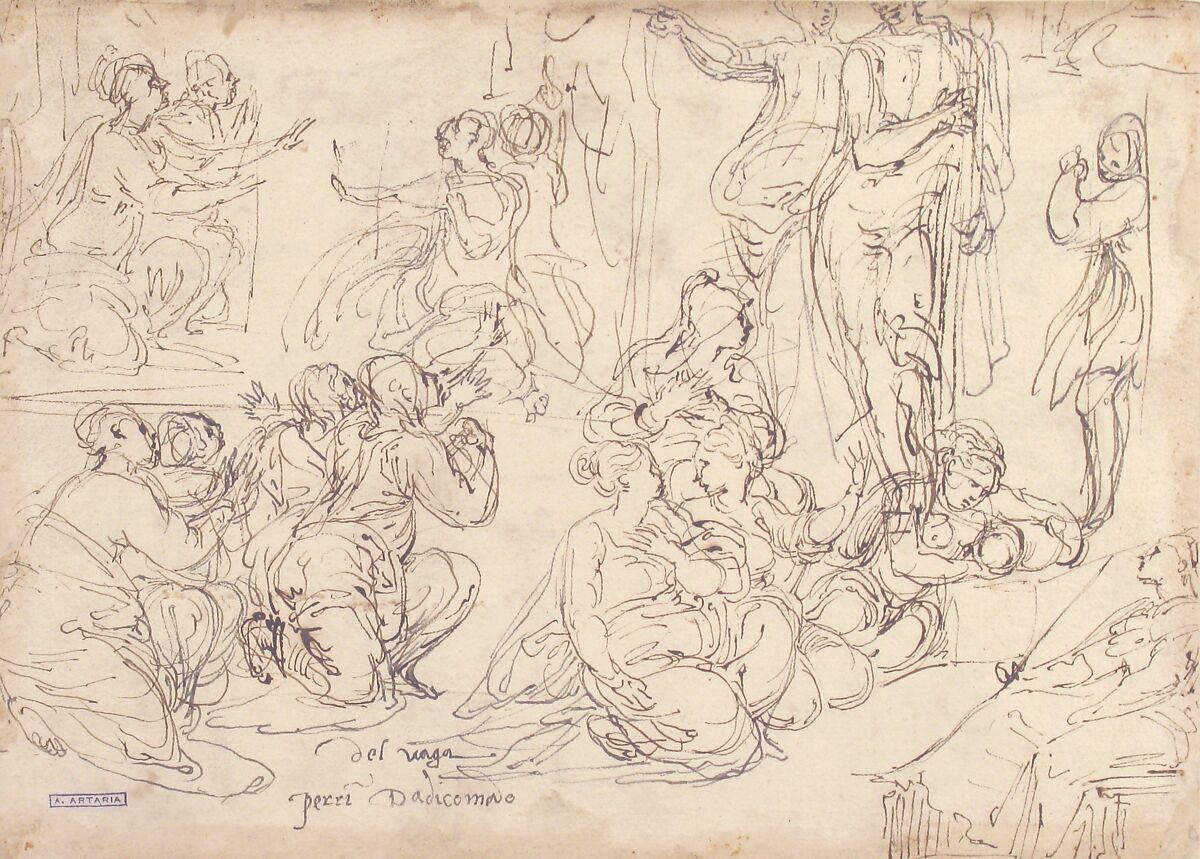 Kneeling, Seated and Standing Figures (recto); Seated, Kneeling and Reclining Figures (verso), Perino del Vaga (Pietro Buonaccorsi) (Italian, Florence 1501–1547 Rome), Pen and brown ink, reworked with black ink (recto); pen and brown and black ink (verso)