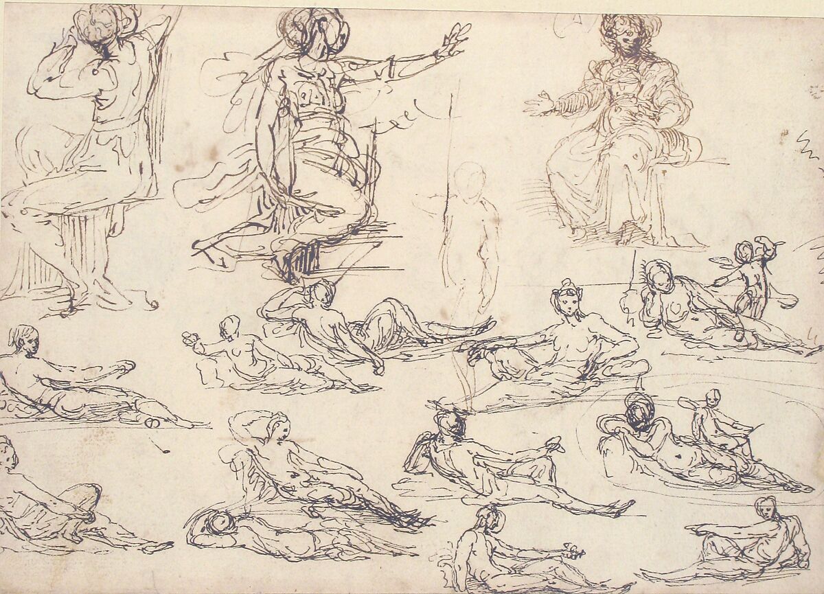 Kneeling, Seated and Standing Figures (recto); Seated, Kneeling and Reclining Figures (verso), Perino del Vaga (Pietro Buonaccorsi) (Italian, Florence 1501–1547 Rome), Pen and brown ink, reworked with black ink (recto); pen and brown and black ink (verso)