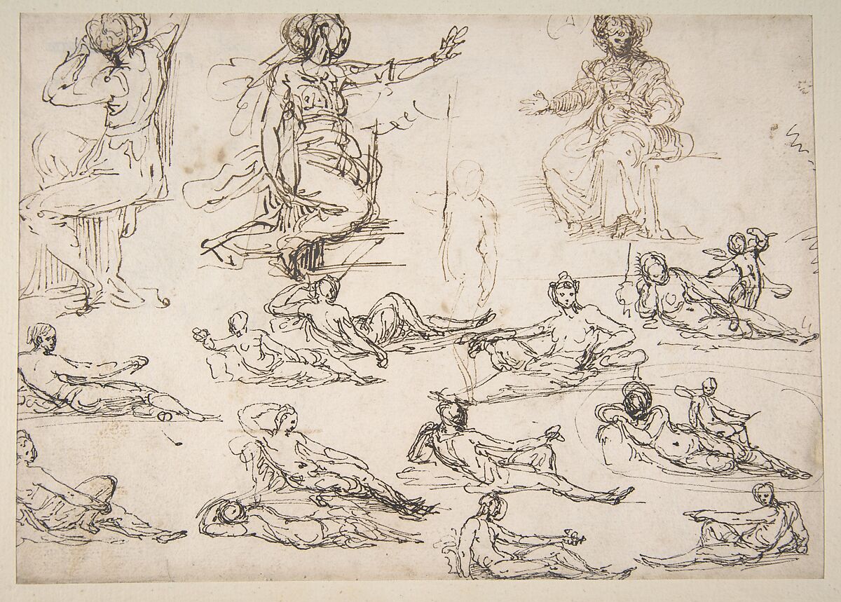 Kneeling, Seated and Standing Figures (recto); Seated, Kneeling and Reclining Figures (verso), Perino del Vaga (Pietro Buonaccorsi) (Italian, Florence 1501–1547 Rome), Pen and brown ink, reworked with black ink (recto); pen and brown and black ink (verso)