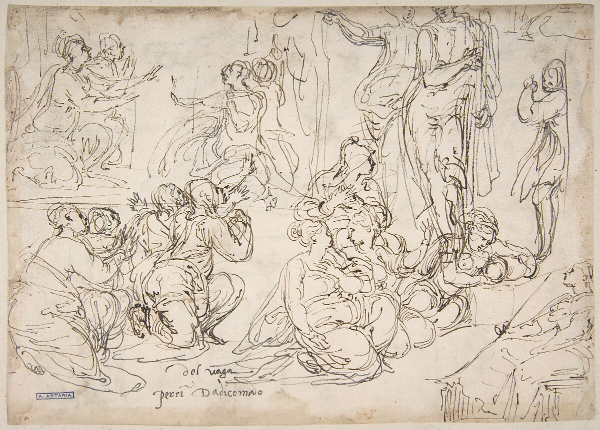 Kneeling, Seated and Standing Figures (recto); Seated, Kneeling and Reclining Figures (verso), Perino del Vaga (Pietro Buonaccorsi) (Italian, Florence 1501–1547 Rome), Pen and brown ink, reworked with black ink (recto); pen and brown and black ink (verso) 