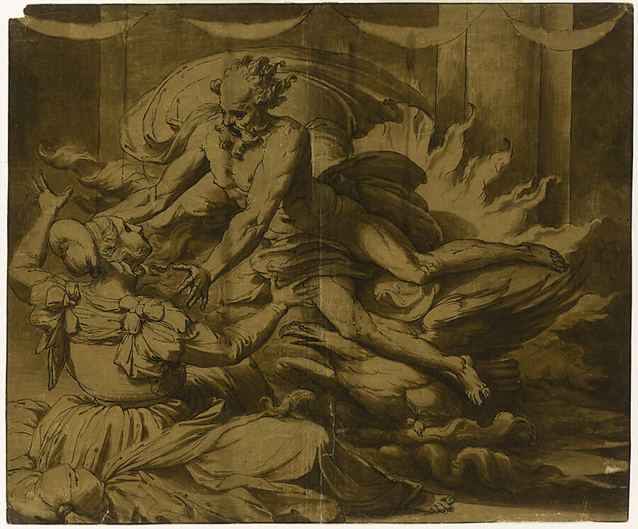 Jupiter Appearing to Semele, Perino del Vaga (Pietro Buonaccorsi) (Italian, Florence 1501–1547 Rome), Pen and brown ink, brush and brown wash, highlighted with yellow gouache, on brown-washed paper