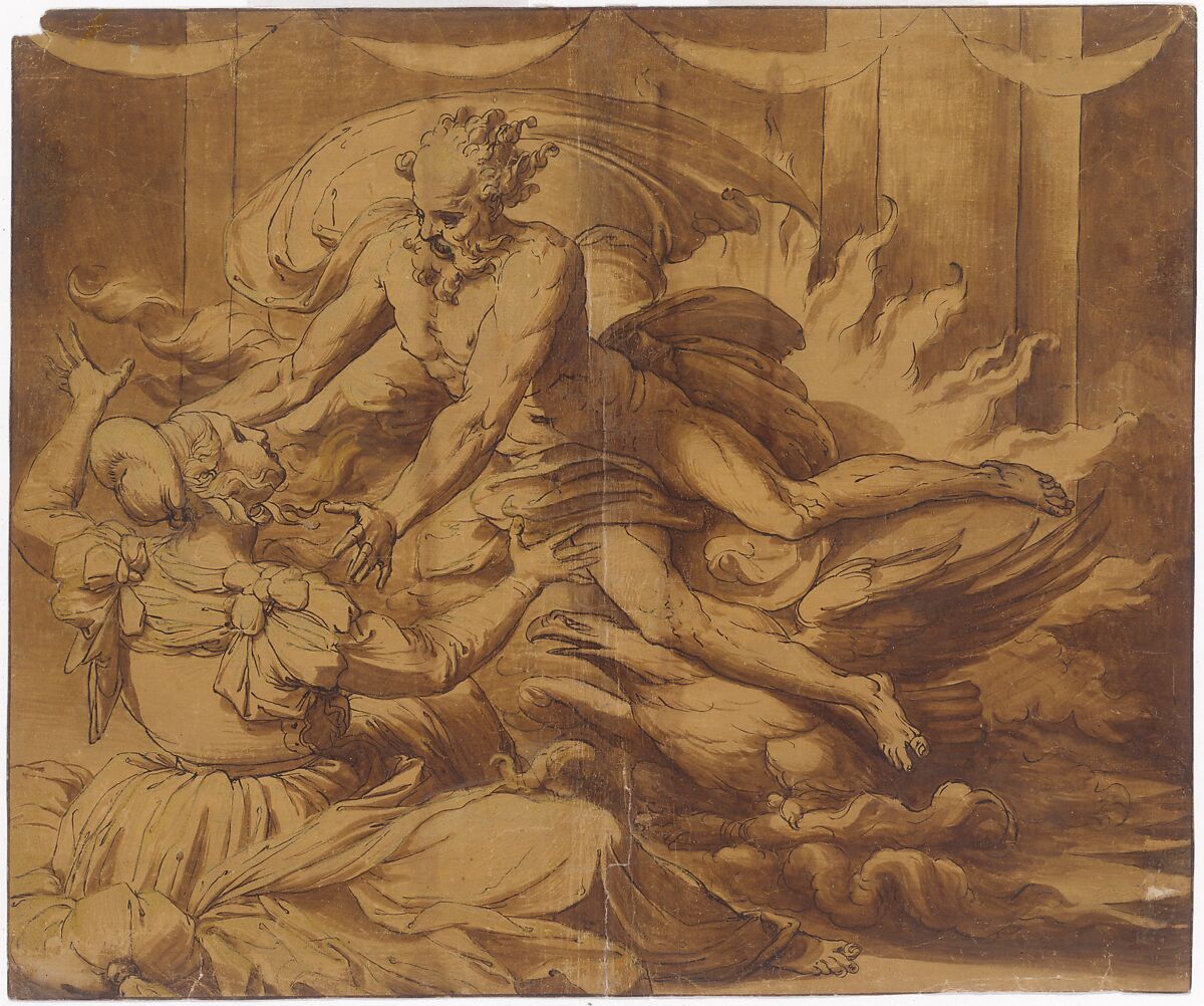 Jupiter Appearing to Semele, Perino del Vaga (Pietro Buonaccorsi) (Italian, Florence 1501–1547 Rome), Pen and brown ink, brush and brown wash, highlighted with yellow gouache, on brown-washed paper 