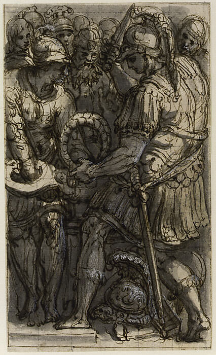 Alexander Cutting the Gordian Knot, Study for a Fresco in the Castel Sant'Angelo, Rome, Perino del Vaga (Pietro Buonaccorsi) (Italian, Florence 1501–1547 Rome), Pen and brown ink, brush and gray wash highlighted with white; squared in black chalk