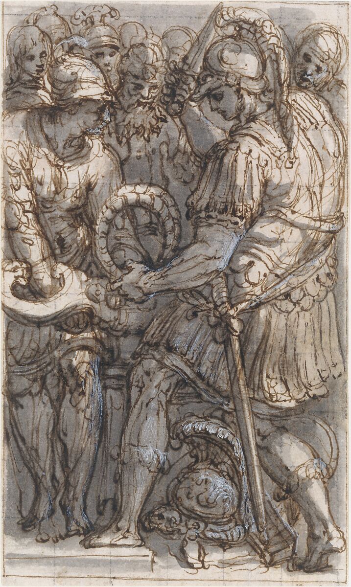 Alexander Cutting the Gordian Knot, Study for a Fresco in the Castel Sant'Angelo, Rome, Perino del Vaga (Pietro Buonaccorsi) (Italian, Florence 1501–1547 Rome), Pen and brown ink, brush and gray wash highlighted with white; squared in black chalk