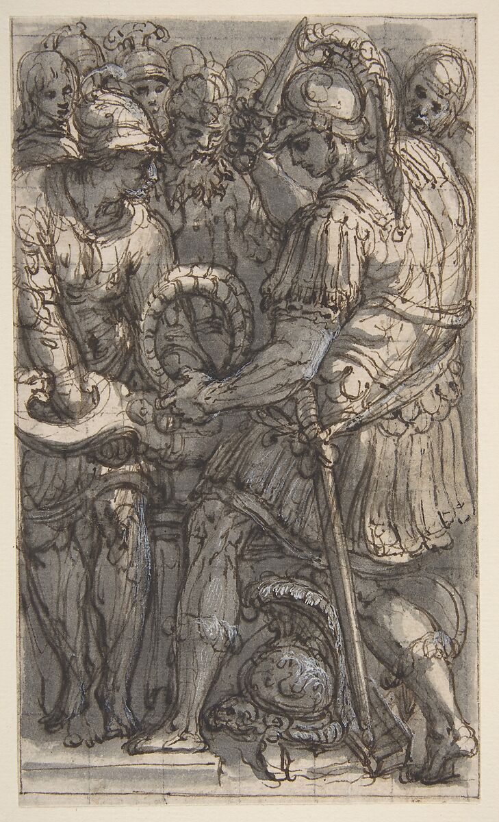 Alexander Cutting the Gordian Knot, Study for a Fresco in the Castel Sant'Angelo, Rome, Perino del Vaga (Pietro Buonaccorsi) (Italian, Florence 1501–1547 Rome), Pen and brown ink, brush and gray wash highlighted with white; squared in black chalk 