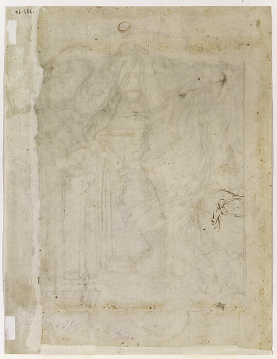 Saint Peter and Saint John Healing a Cripple at the Gate of the Temple, Perino del Vaga (Pietro Buonaccorsi) (Italian, Florence 1501–1547 Rome), Pen and brown ink, over black chalk (recto); pen and brown sketch of a right hand at upper left, and circle in red chalk at lower right (verso)