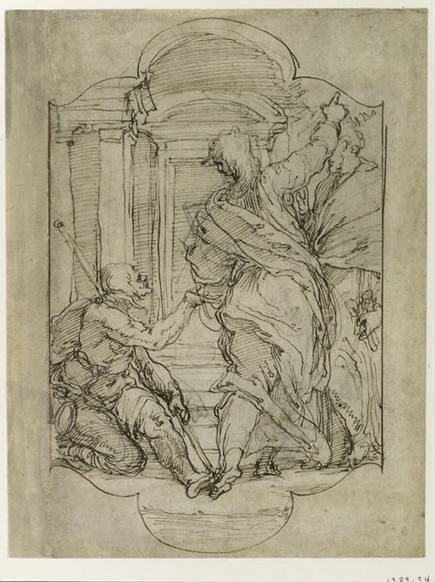 Saint Peter and Saint John Healing a Cripple at the Gate of the Temple, Perino del Vaga (Pietro Buonaccorsi) (Italian, Florence 1501–1547 Rome), Pen and brown ink, over black chalk (recto); pen and brown sketch of a right hand at upper left, and circle in red chalk at lower right (verso)