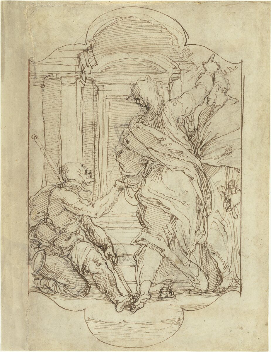 Saint Peter and Saint John Healing a Cripple at the Gate of the Temple, Perino del Vaga (Pietro Buonaccorsi) (Italian, Florence 1501–1547 Rome), Pen and brown ink, over black chalk (recto); pen and brown sketch of a right hand at upper left, and circle in red chalk at lower right (verso)