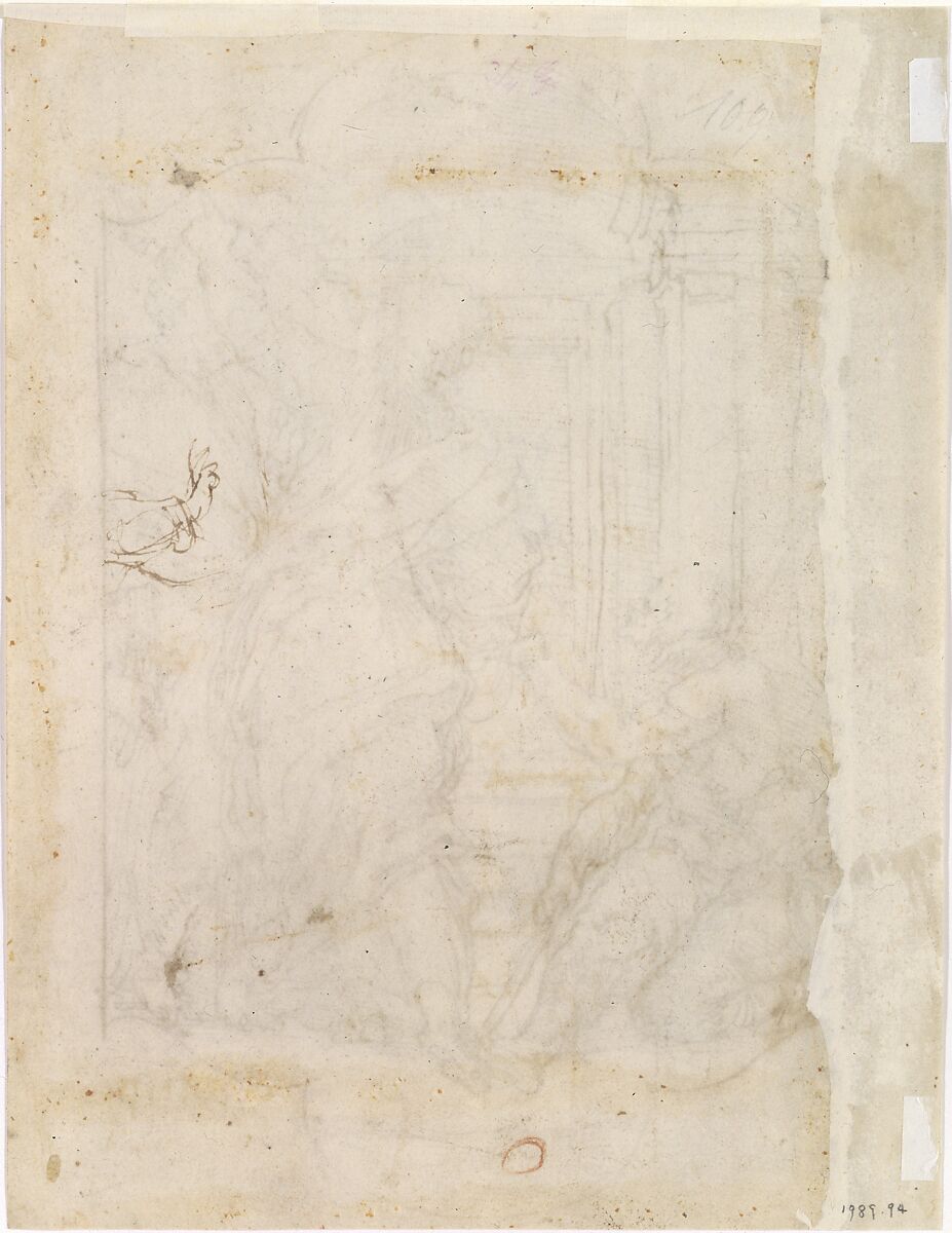 Saint Peter and Saint John Healing a Cripple at the Gate of the Temple, Perino del Vaga (Pietro Buonaccorsi) (Italian, Florence 1501–1547 Rome), Pen and brown ink, over black chalk (recto); pen and brown sketch of a right hand at upper left, and circle in red chalk at lower right (verso)