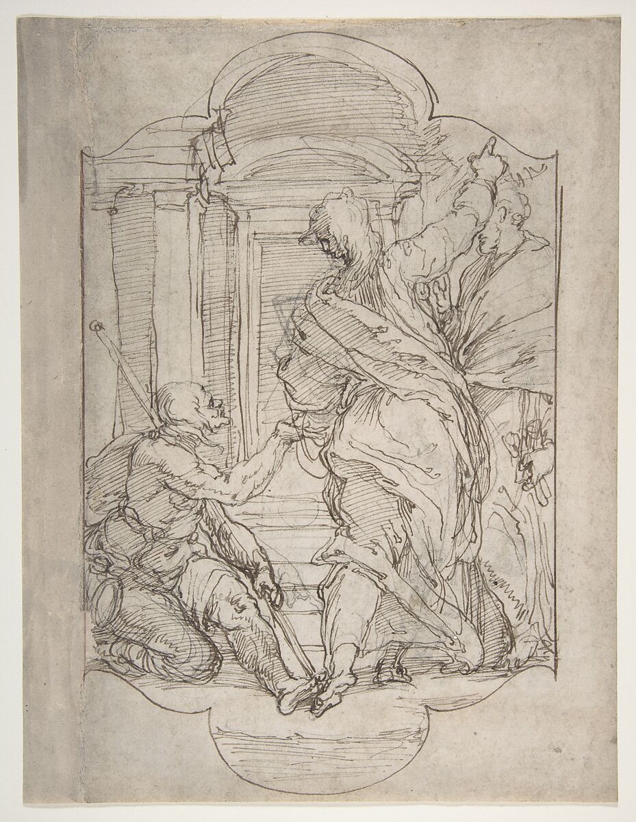 Saint Peter and Saint John Healing a Cripple at the Gate of the Temple, Perino del Vaga (Pietro Buonaccorsi) (Italian, Florence 1501–1547 Rome), Pen and brown ink, over black chalk (recto); pen and brown sketch of a right hand at upper left, and circle in red chalk at lower right (verso) 