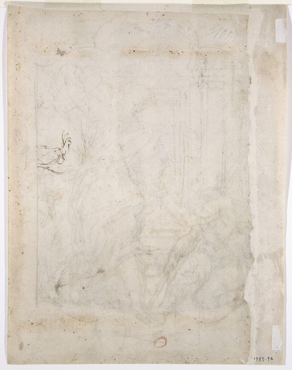 Saint Peter and Saint John Healing a Cripple at the Gate of the Temple, Perino del Vaga (Pietro Buonaccorsi) (Italian, Florence 1501–1547 Rome), Pen and brown ink, over black chalk (recto); pen and brown sketch of a right hand at upper left, and circle in red chalk at lower right (verso)