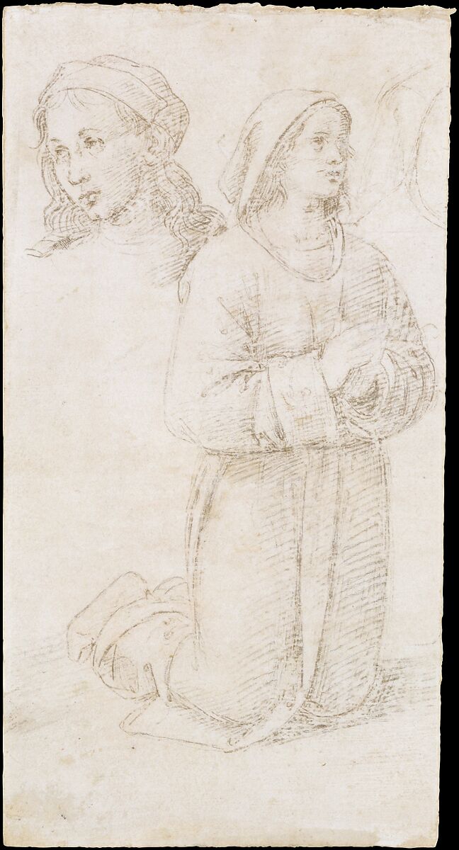 Study of a Kneeling Youth and of the Head of Another, Perugino (Pietro di Cristoforo Vannucci) (Italian, Città della Pieve, active by 1469–died 1523 Fontignano), Metalpoint on pale pink-beige prepared paper