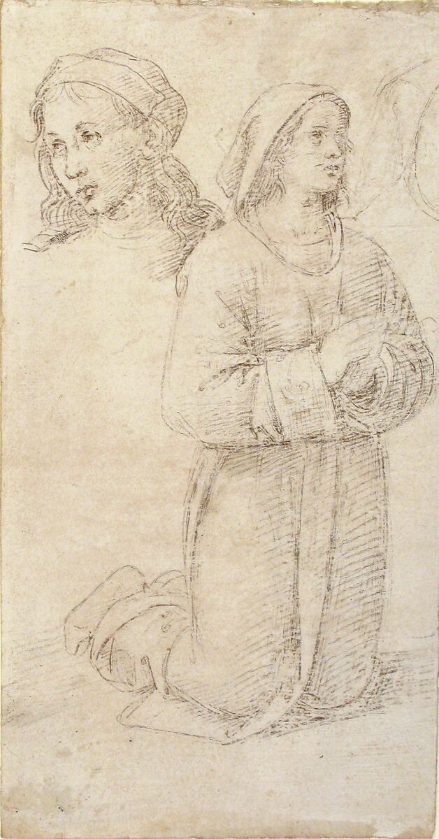 Study of a Kneeling Youth and of the Head of Another, Perugino (Pietro di Cristoforo Vannucci) (Italian, Città della Pieve, active by 1469–died 1523 Fontignano), Metalpoint on pale pink-beige prepared paper