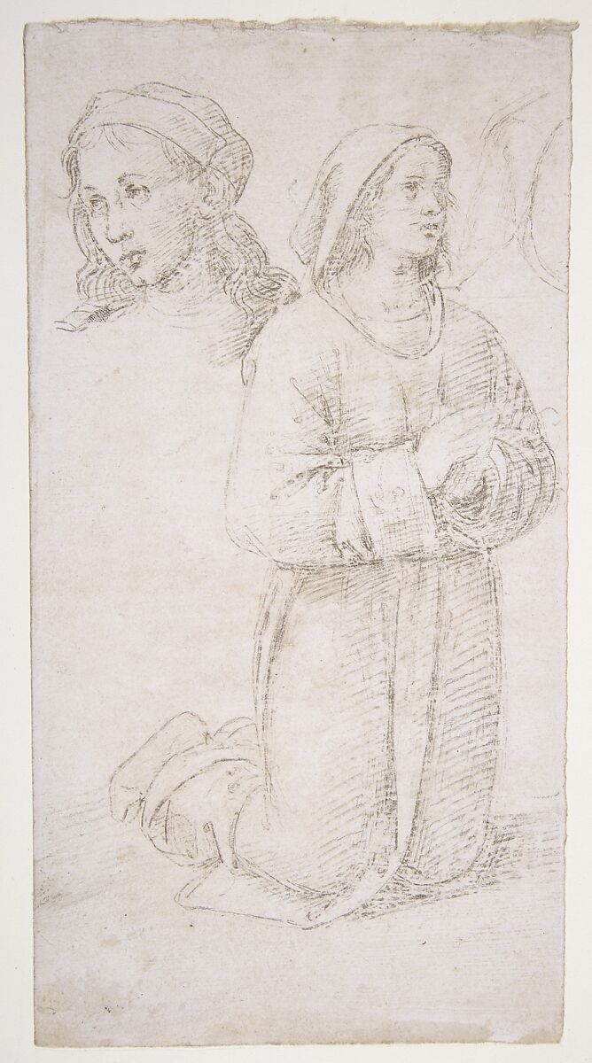 Study of a Kneeling Youth and of the Head of Another, Perugino (Pietro di Cristoforo Vannucci) (Italian, Città della Pieve, active by 1469–died 1523 Fontignano), Metalpoint on pale pink-beige prepared paper 