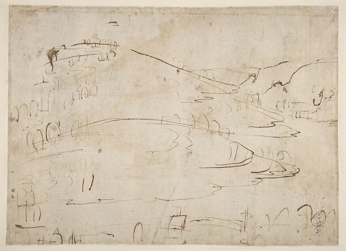 Landscape (recto); Landscape (verso), Perugino (Pietro di Cristoforo Vannucci) (Italian, Città della Pieve, active by 1469–died 1523 Fontignano), Brush and brown wash, highlighted with white gouache, on gray-green prepared paper (recto); pen and brown ink on unprepared off-white paper (verso)