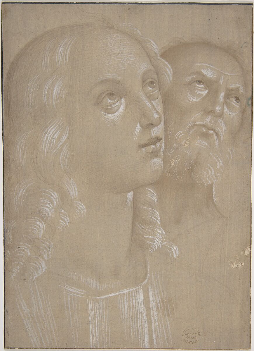 Heads of Two Saints, After Perugino (Pietro di Cristoforo Vannucci) (Italian, Città della Pieve, active by 1469–died 1523 Fontignano) ?, Metalpoint, reworked with brush and brown wash, highlighted with white gouache, on beige prepared paper 