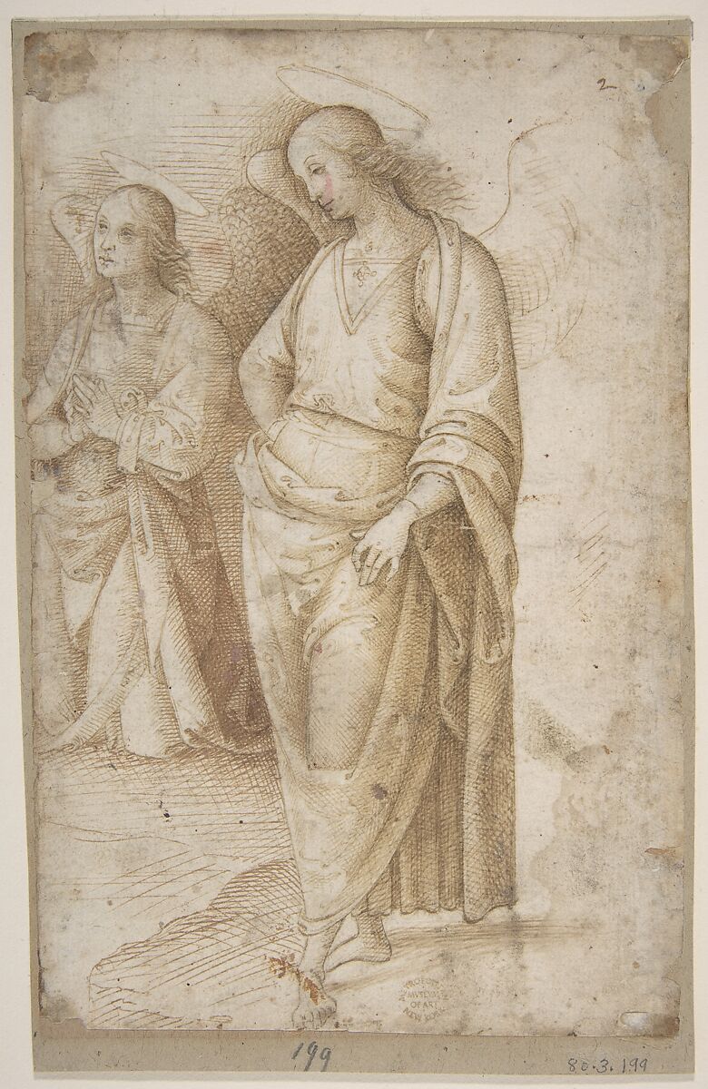 Two Figures of Angels Standing, Workshop of Perugino (Pietro di Cristoforo Vannucci) (Italian, Città della Pieve, active by 1469–died 1523 Fontignano) ?, Pen and brown ink, over leadpoint (?) 