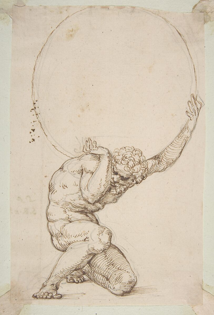 Crouching Figure of Atlas, Baldassare Tommaso Peruzzi (Italian, Ancaiano 1481–1536 Rome), Pen and brown ink, over leadpoint or black chalk 