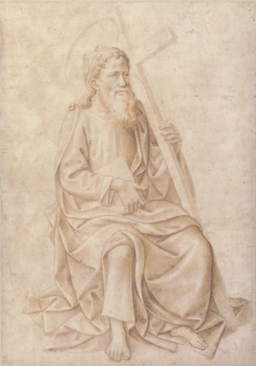Saint Philip Seated, Holding a Book and a Cross, Pesellino (Francesco di Stefano) (Italian, Florence ca. 1422–1457 Florence), Brush and brown wash, highlighted with white gouache, over black chalk
