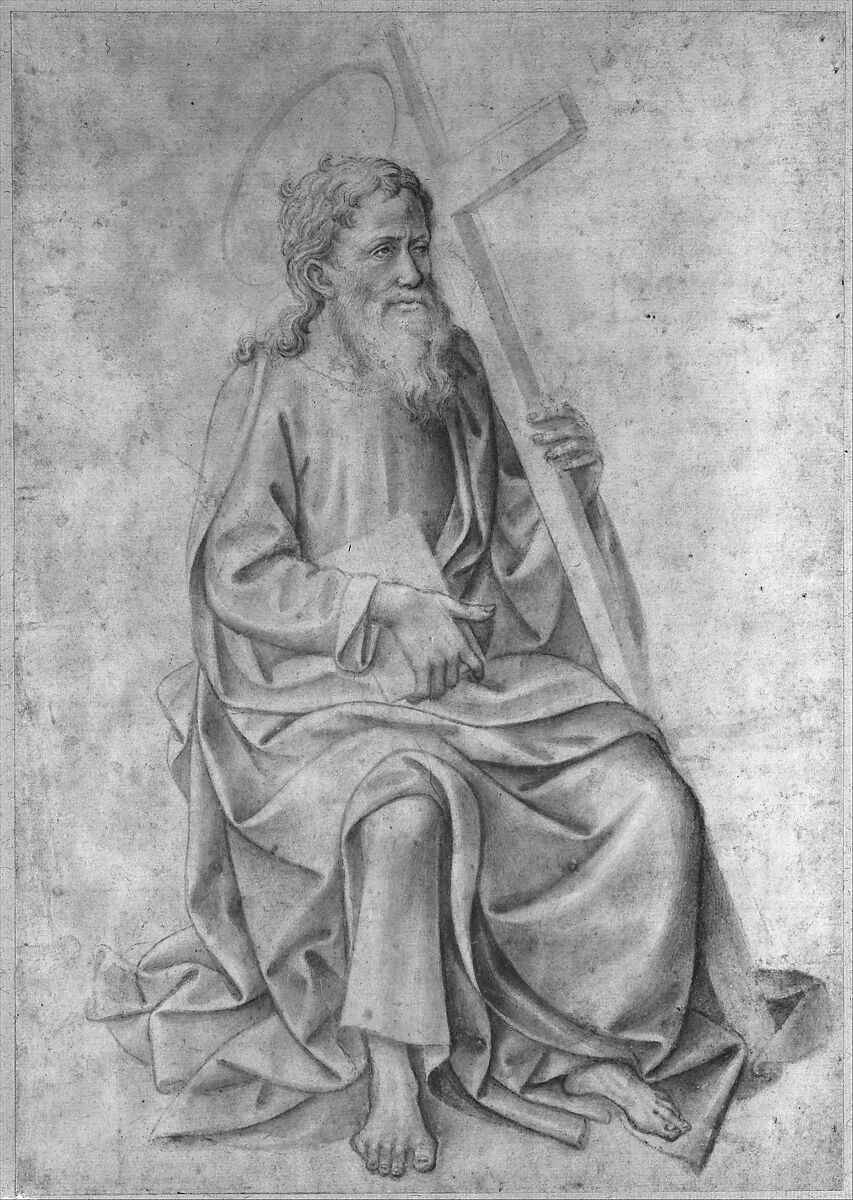 Saint Philip Seated, Holding a Book and a Cross, Pesellino (Francesco di Stefano) (Italian, Florence ca. 1422–1457 Florence), Brush and brown wash, highlighted with white gouache, over black chalk
