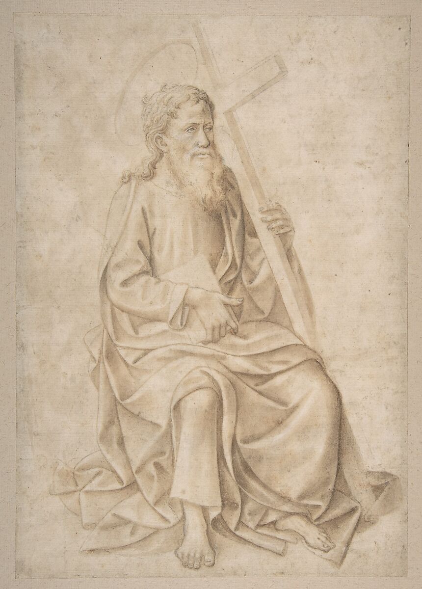 Saint Philip Seated, Holding a Book and a Cross, Pesellino (Francesco di Stefano)  Italian, Brush and brown wash, highlighted with white gouache, over black chalk