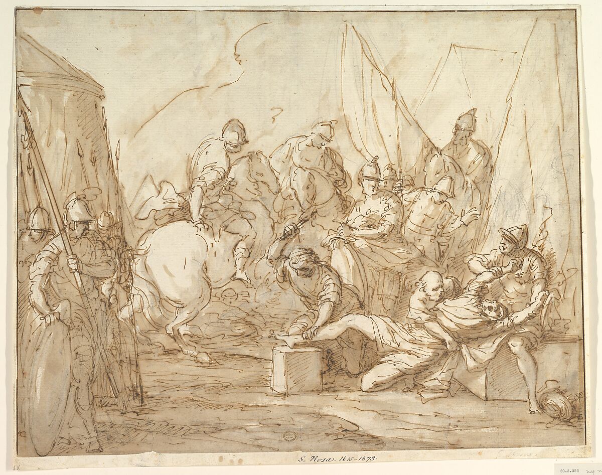 Scene from Ancient History, Giuseppe Piattoli  Italian, Pen and brown ink, brush and brown wash, over black chalk.  Framing lines in pen and brown ink at left, upper, and right margins