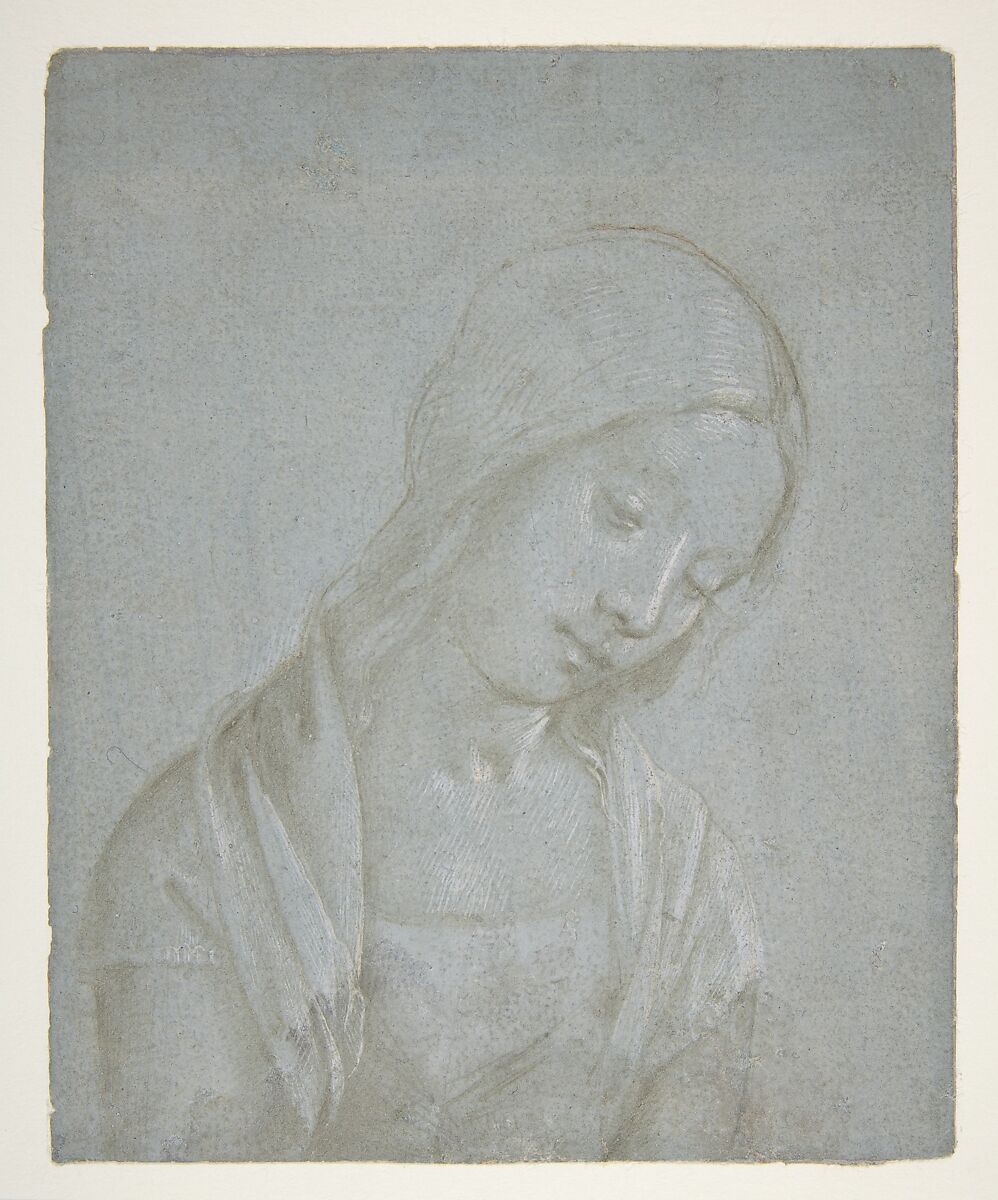 Bust of a Young Woman, Attributed to Piero di Cosimo (Piero di Lorenzo di Piero d&#39;Antonio) (Italian, Florence 1462–1522 Florence), Metalpoint, highlighted with white gouache, on blue-gray prepared paper 