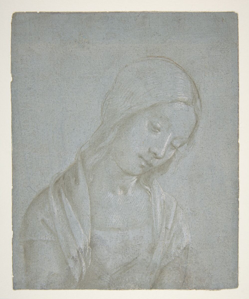 Bust of a Young Woman, Piero di Cosimo (Piero di Lorenzo di Piero d'Antonio)  Italian, Metalpoint, highlighted with white gouache, on blue-gray prepared paper