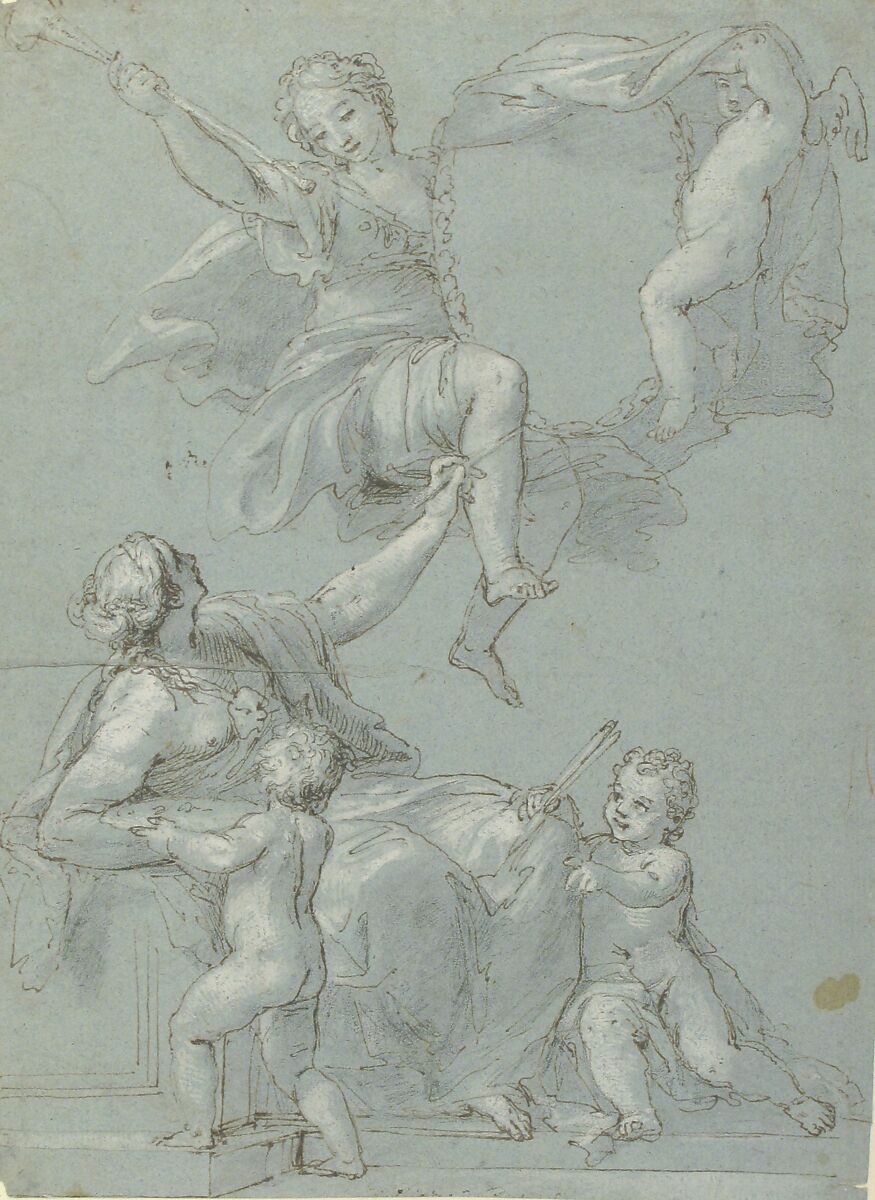 Allegorical Composition with Figures of Painting and Fame, Pietro Antonio de' Pietri (Italian, Cremia 1663–1716 Rome), Pen and brown ink, brush and brown wash, highlighted with white, over charcoal, on blue paper (recto); slight architectural sketches in red chalk (verso)