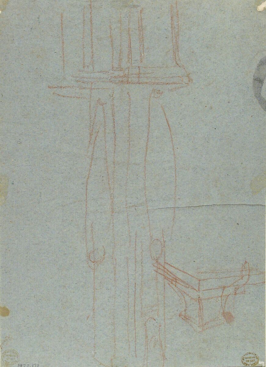 Allegorical Composition with Figures of Painting and Fame, Pietro Antonio de' Pietri (Italian, Cremia 1663–1716 Rome), Pen and brown ink, brush and brown wash, highlighted with white, over charcoal, on blue paper (recto); slight architectural sketches in red chalk (verso)