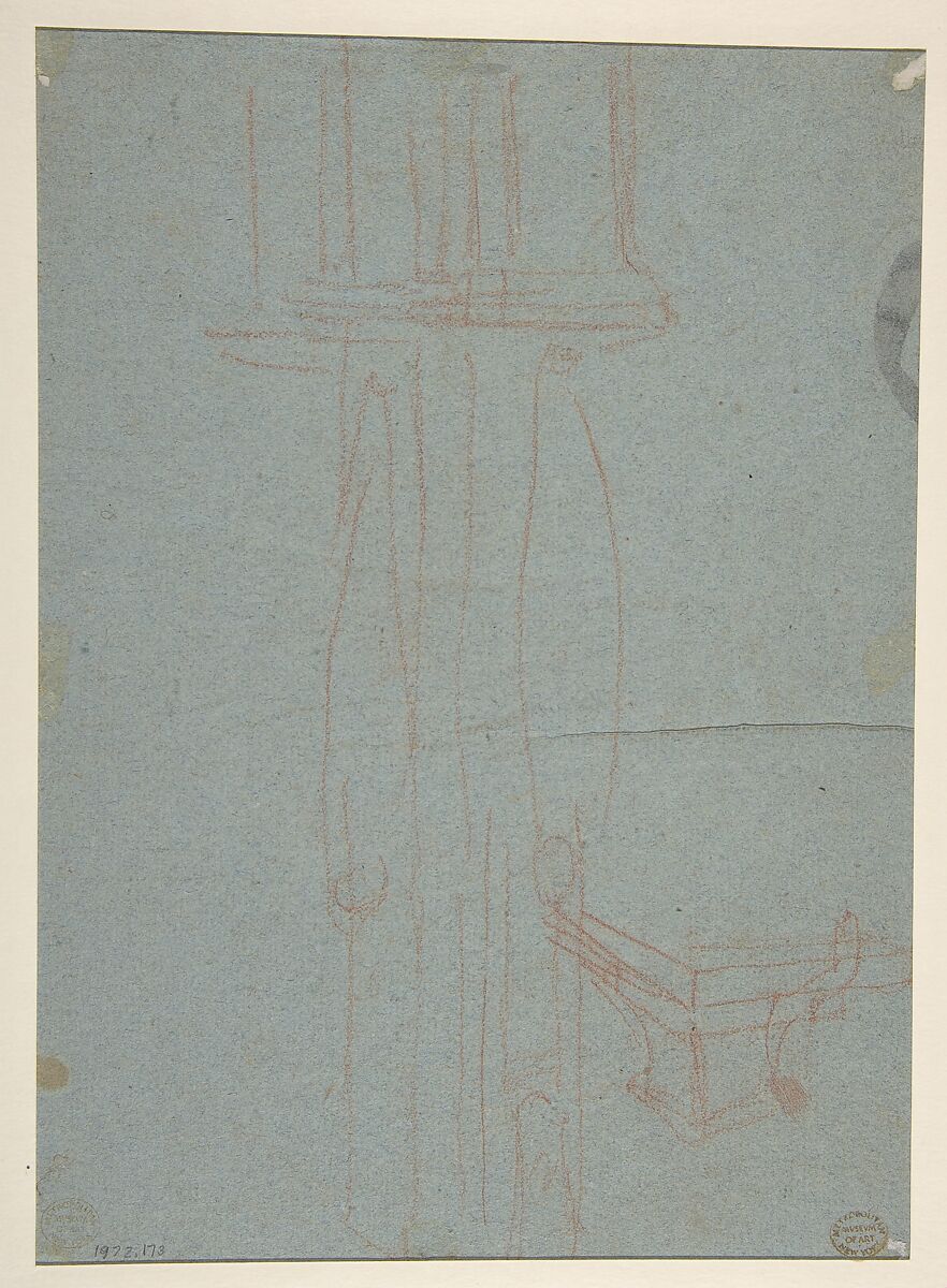 Allegorical Composition with Figures of Painting and Fame, Pietro Antonio de' Pietri (Italian, Cremia 1663–1716 Rome), Pen and brown ink, brush and brown wash, highlighted with white, over charcoal, on blue paper (recto); slight architectural sketches in red chalk (verso)
