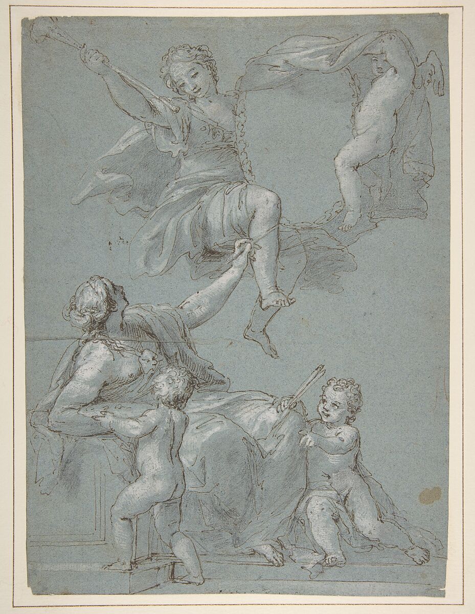 Allegorical Composition with Figures of Painting and Fame, Pietro Antonio de&#39; Pietri (Italian, Cremia 1663–1716 Rome), Pen and brown ink, brush and brown wash, highlighted with white, over charcoal, on blue paper (recto); slight architectural sketches in red chalk (verso) 