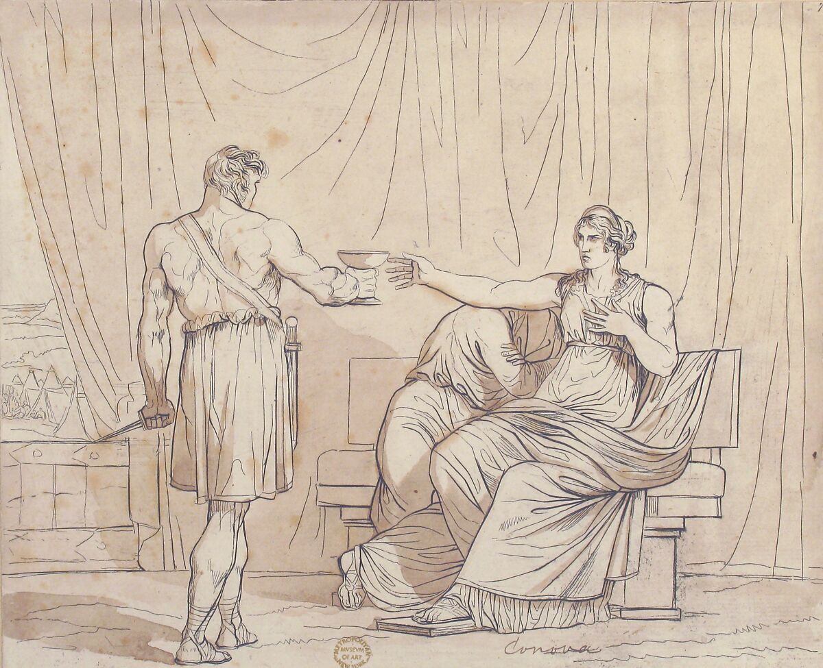 Death of a Roman Matron, Bartolomeo Pinelli (Italian, Rome 1781–1835 Rome), Pen and ink, brush and brown wash