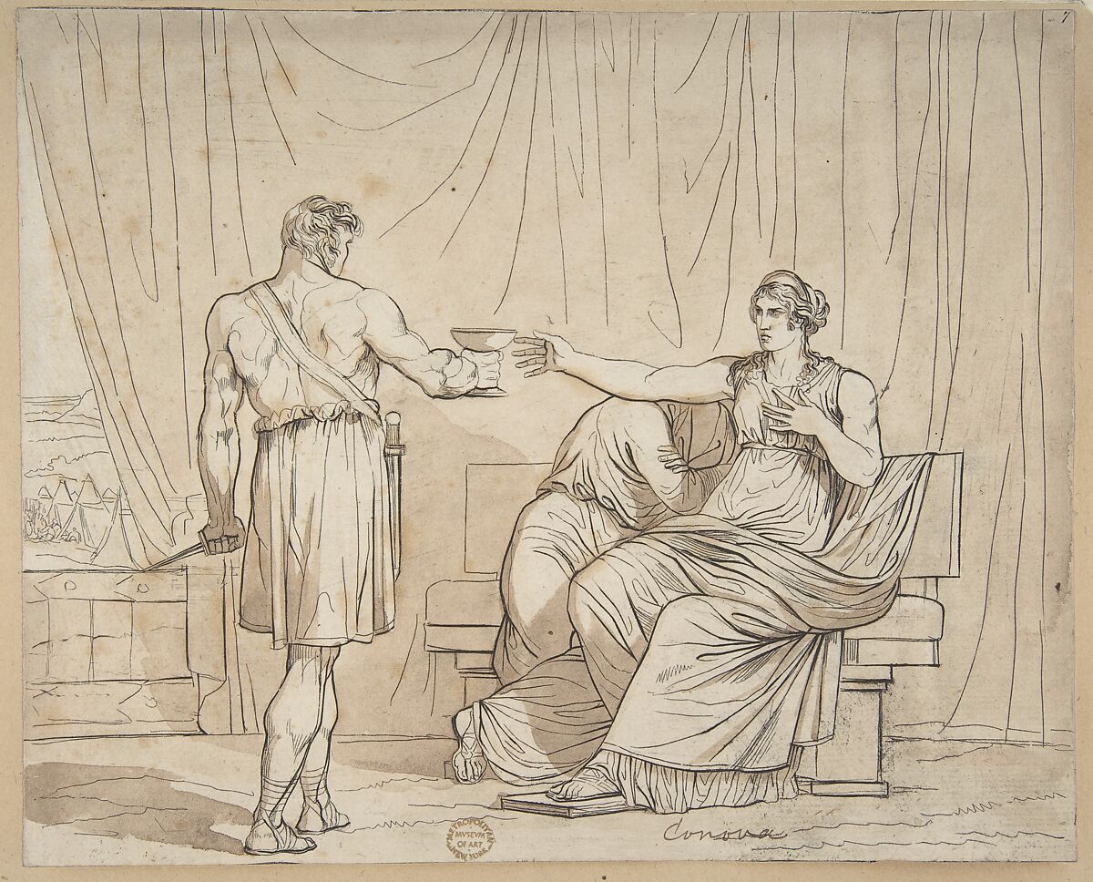 Death of a Roman Matron, Bartolomeo Pinelli (Italian, Rome 1781–1835 Rome), Pen and ink, brush and brown wash 