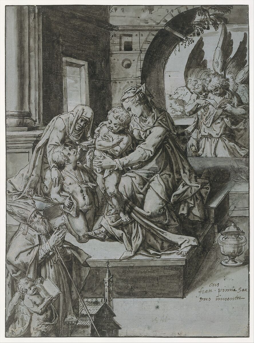 The Virgin and Child with the Infant Baptist, Saint Elizabeth, a Kneeling Prelate, and Three Attendant Angels, Francesco Pinna (Italian, Alghero documented 1595–1632), Pen and black ink, brush and gray wash, highlighted with white on blue washed paper