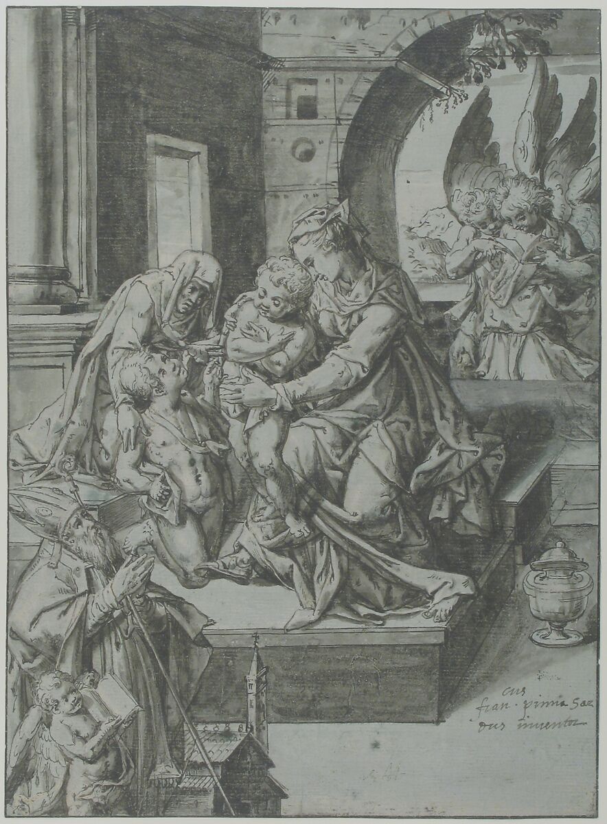 The Virgin and Child with the Infant Baptist, Saint Elizabeth, a Kneeling Prelate, and Three Attendant Angels, Francesco Pinna (Italian, Alghero documented 1595–1632), Pen and black ink, brush and gray wash, highlighted with white on blue washed paper