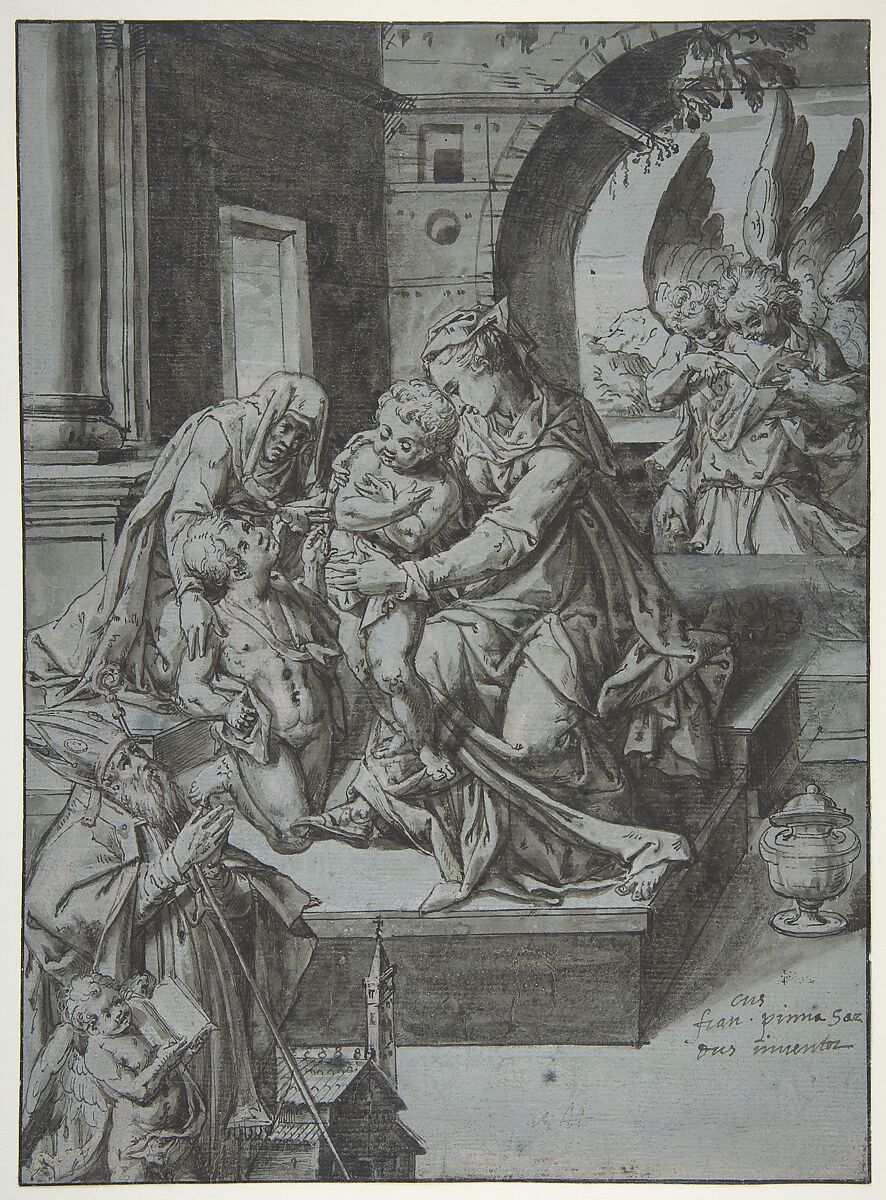 The Virgin and Child with the Infant Baptist, Saint Elizabeth, a Kneeling Prelate, and Three Attendant Angels, Francesco Pinna (Italian, Alghero documented 1595–1632), Pen and black ink, brush and gray wash, highlighted with white on blue washed paper 