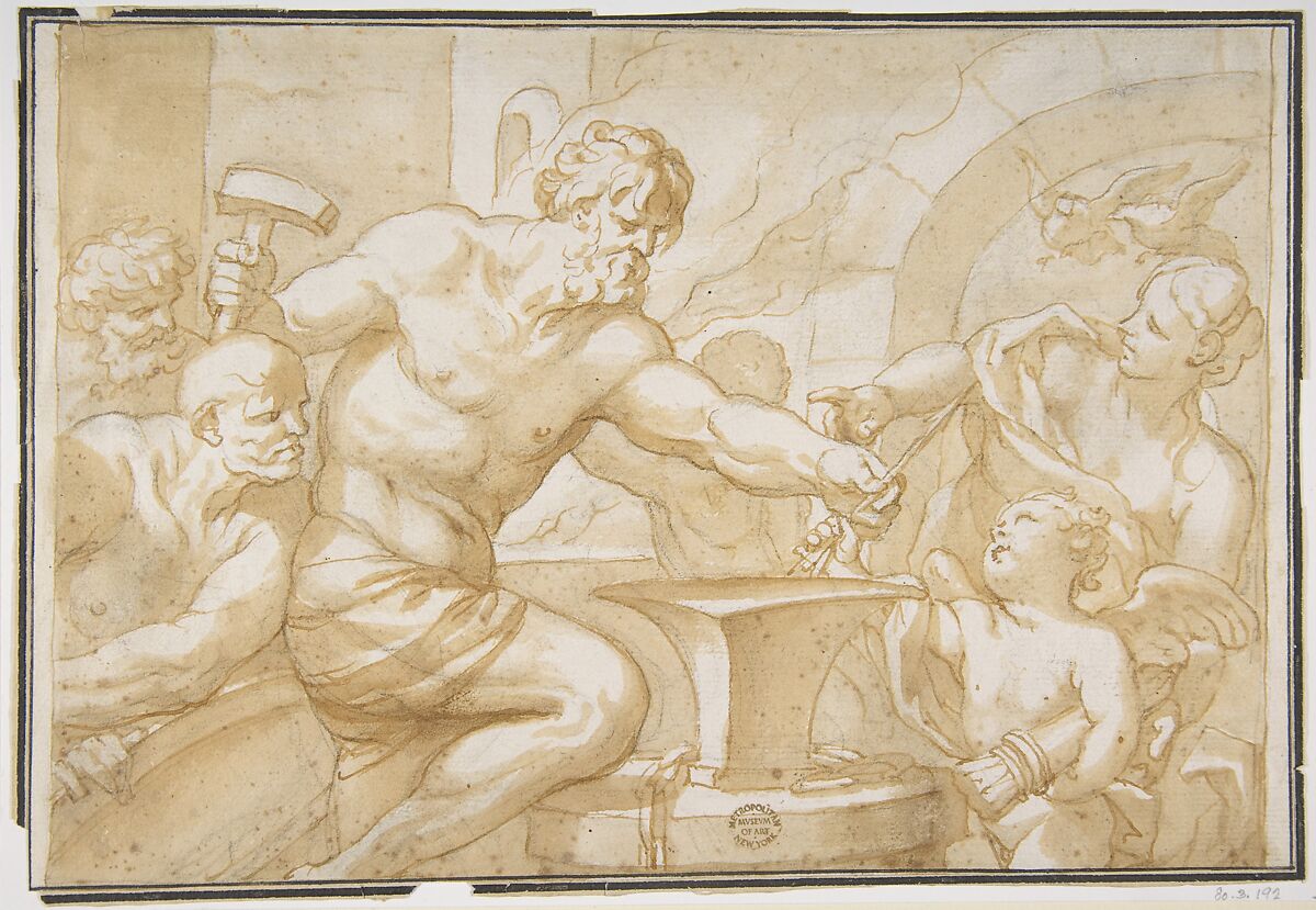 Venus and Cupid in Vulcan's Forge, Domenico Piola (Italian, Genoa 1627–1703 Genoa), Pen and brown ink, brush and brown wash, highlighted with white, over charcoal 