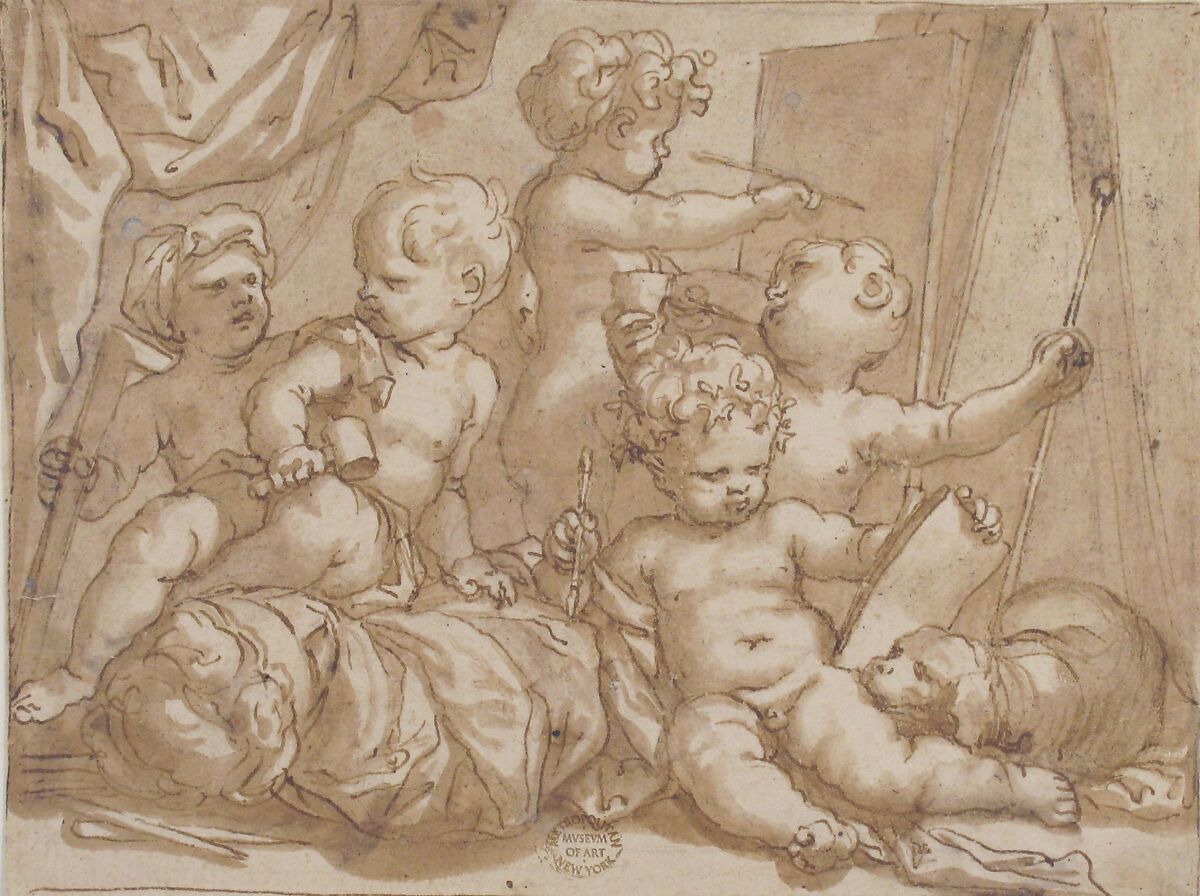 Putti with the Attributes of the Arts, Domenico Piola (Italian, Genoa 1627–1703 Genoa), Pen and brown ink, brush and brown wash over some charcoal