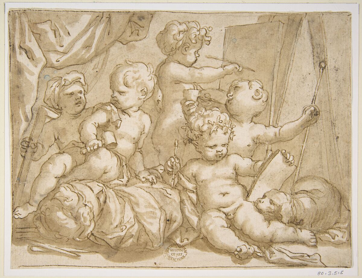 Putti with the Attributes of the Arts, Domenico Piola (Italian, Genoa 1627–1703 Genoa), Pen and brown ink, brush and brown wash over some charcoal 