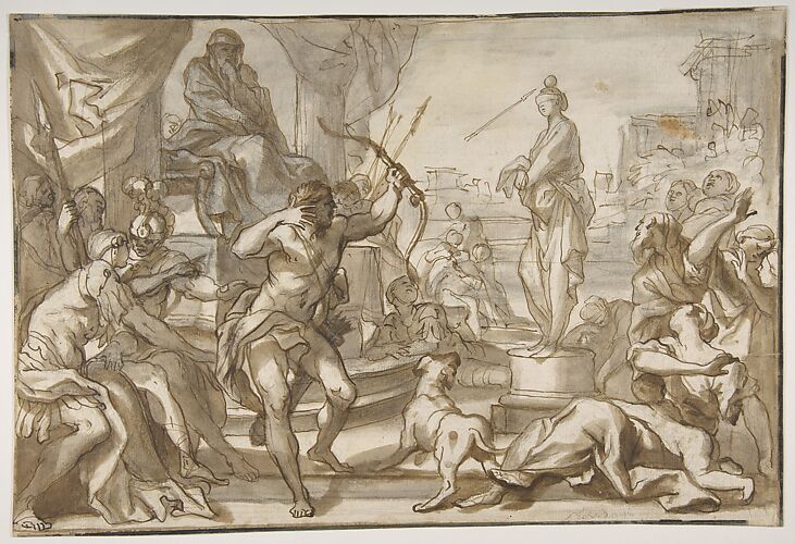 Male Figure with a Bow and Arrow Shooting at a Statue of a Woman with a Ball on her Head