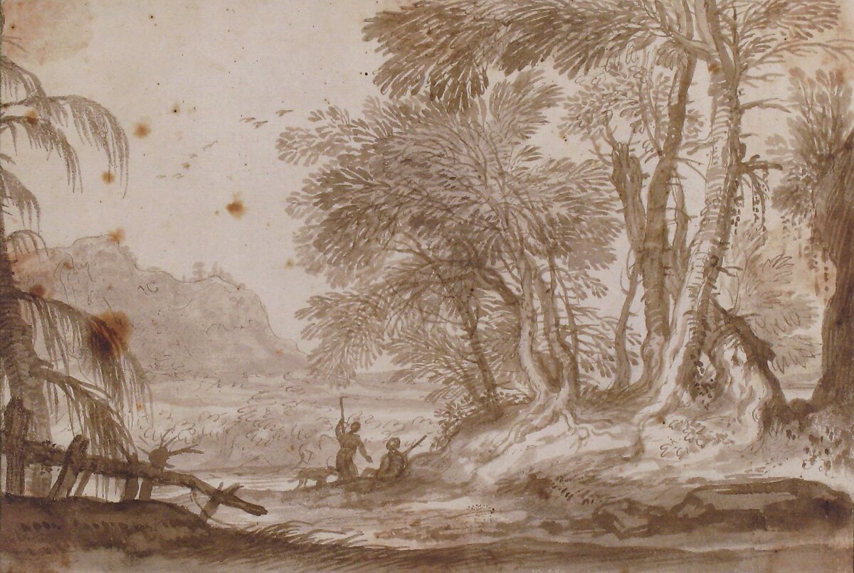 Wooded Landscape with Two Figures, Domenico Piola (Italian, Genoa 1627–1703 Genoa), Pen and brown ink, brush and brown wash