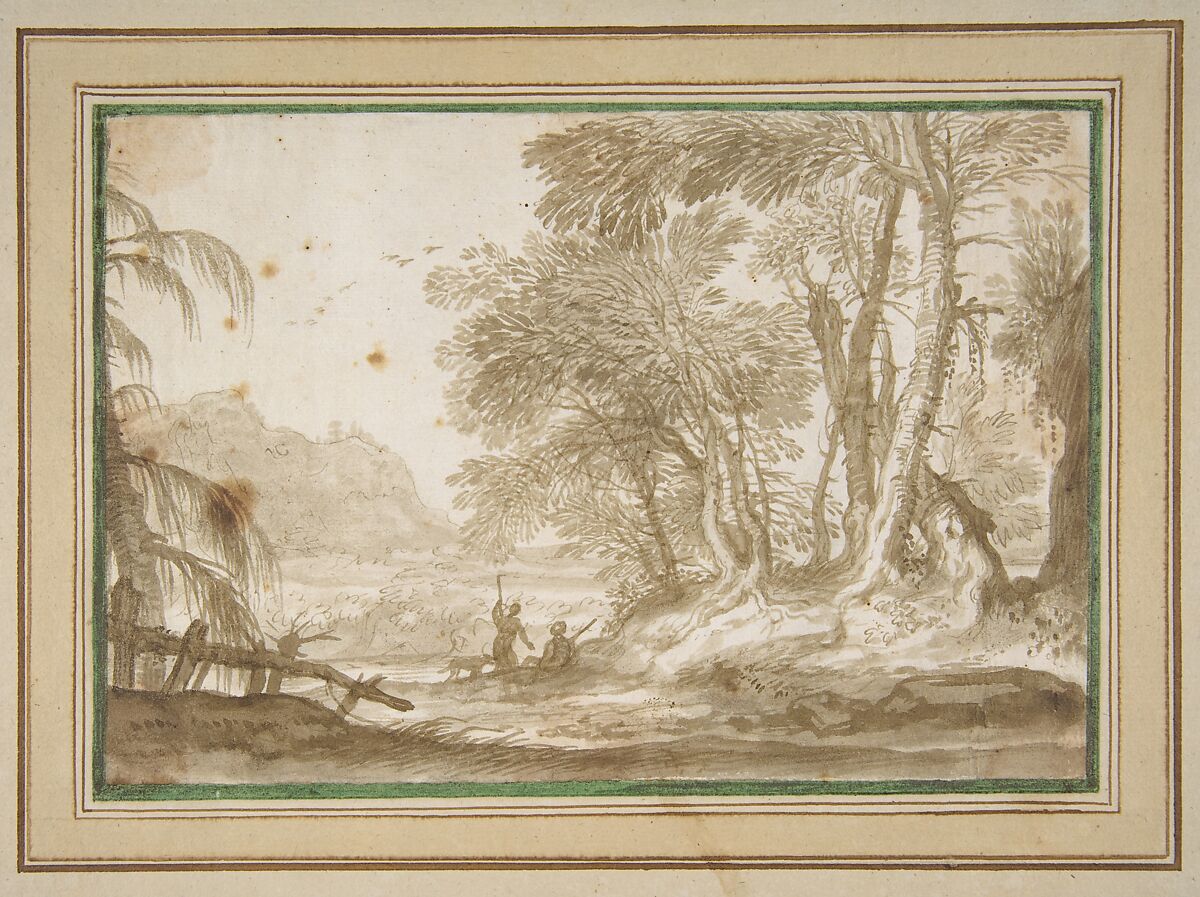 Wooded Landscape with Two Figures, Domenico Piola (Italian, Genoa 1627–1703 Genoa), Pen and brown ink, brush and brown wash 