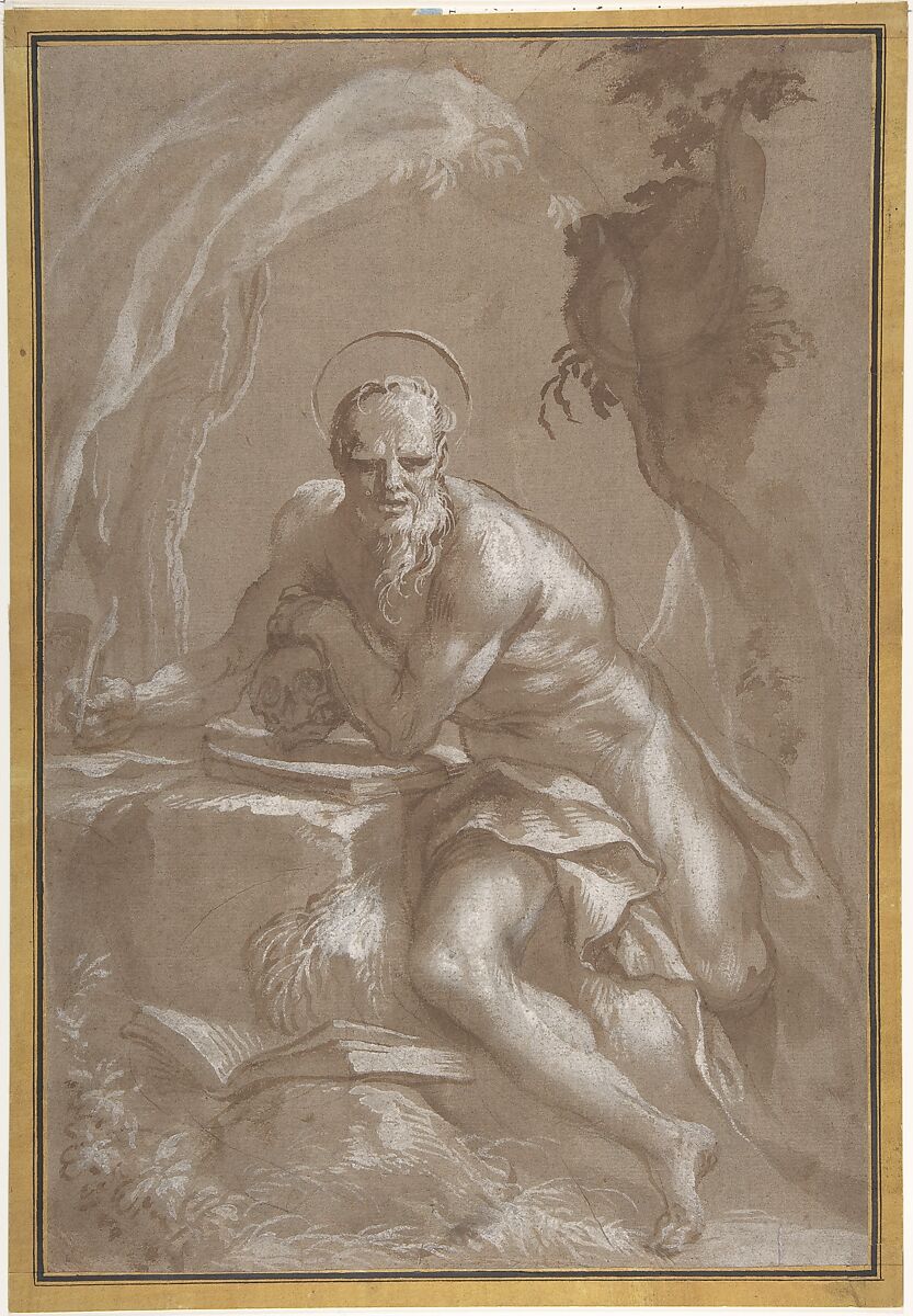 Saint Jerome in the Wilderness, Domenico Piola (Italian, Genoa 1627–1703 Genoa), Brush and brown wash, highlighted with white, over traces of charcoal, on brown paper 