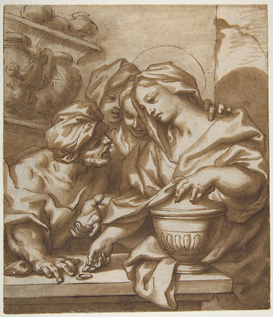 Mary Magdalen Buying Ointment, Attributed to Paolo Gerolamo Piola (Italian, Genoa 1666–1724 Genoa), Pen and brown ink, brush and brown wash 
