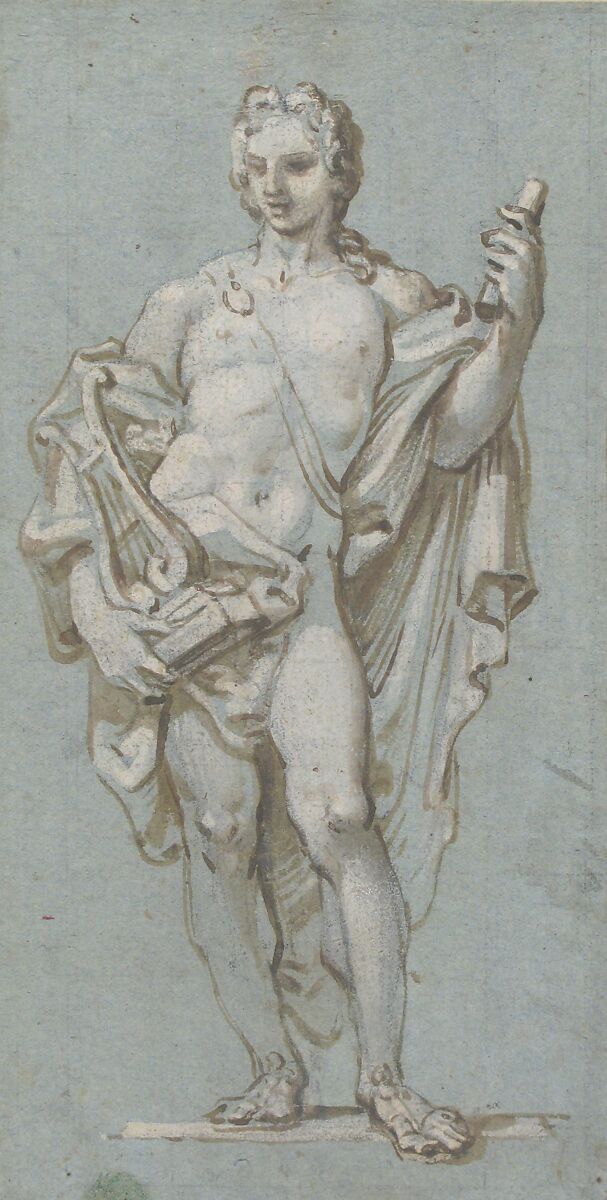Standing Figure of Apollo with a Lyre, Paolo Gerolamo Piola (Italian, Genoa 1666–1724 Genoa), Brush and brown wash, highlighted with white, over traces of charcoal, on blue paper; traces of squaring in charcoal