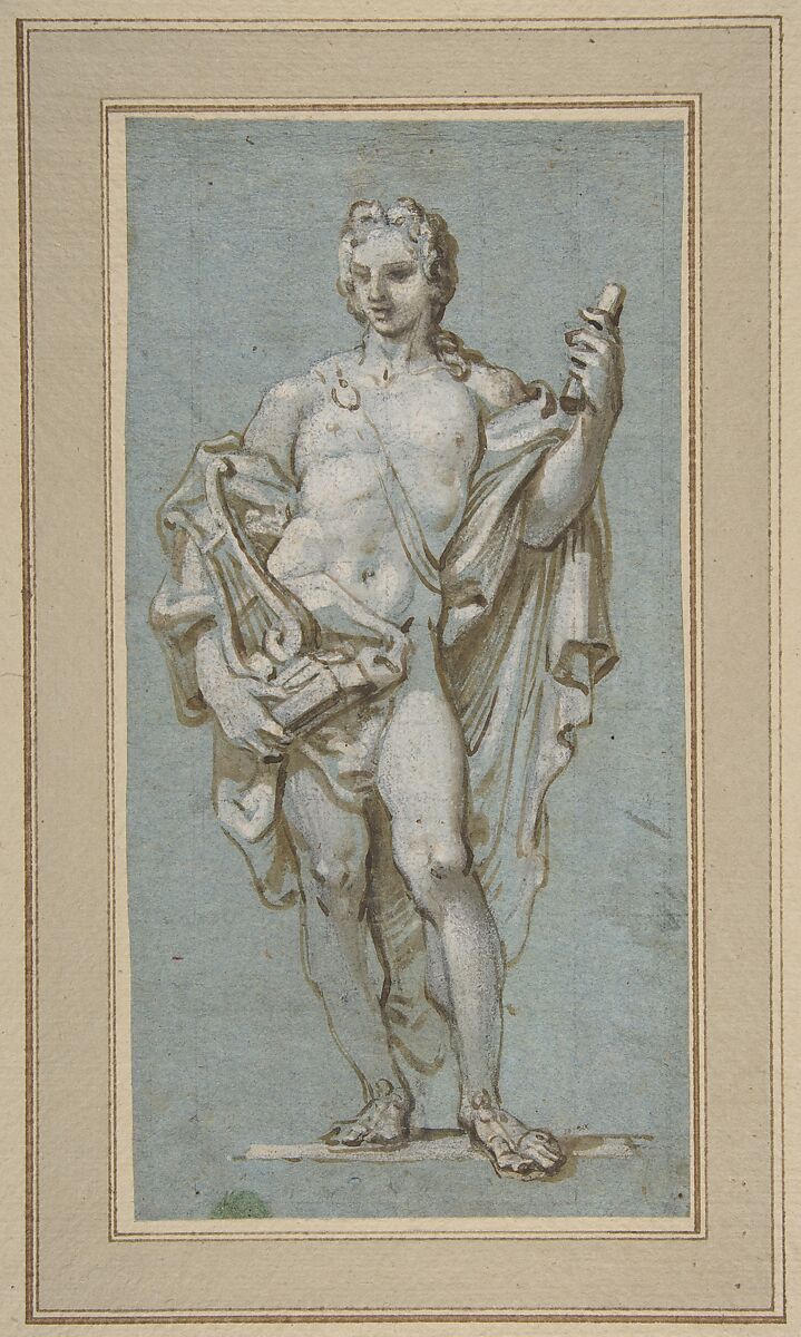 Standing Figure of Apollo with a Lyre, Paolo Gerolamo Piola (Italian, Genoa 1666–1724 Genoa), Brush and brown wash, highlighted with white, over traces of charcoal, on blue paper; traces of squaring in charcoal 