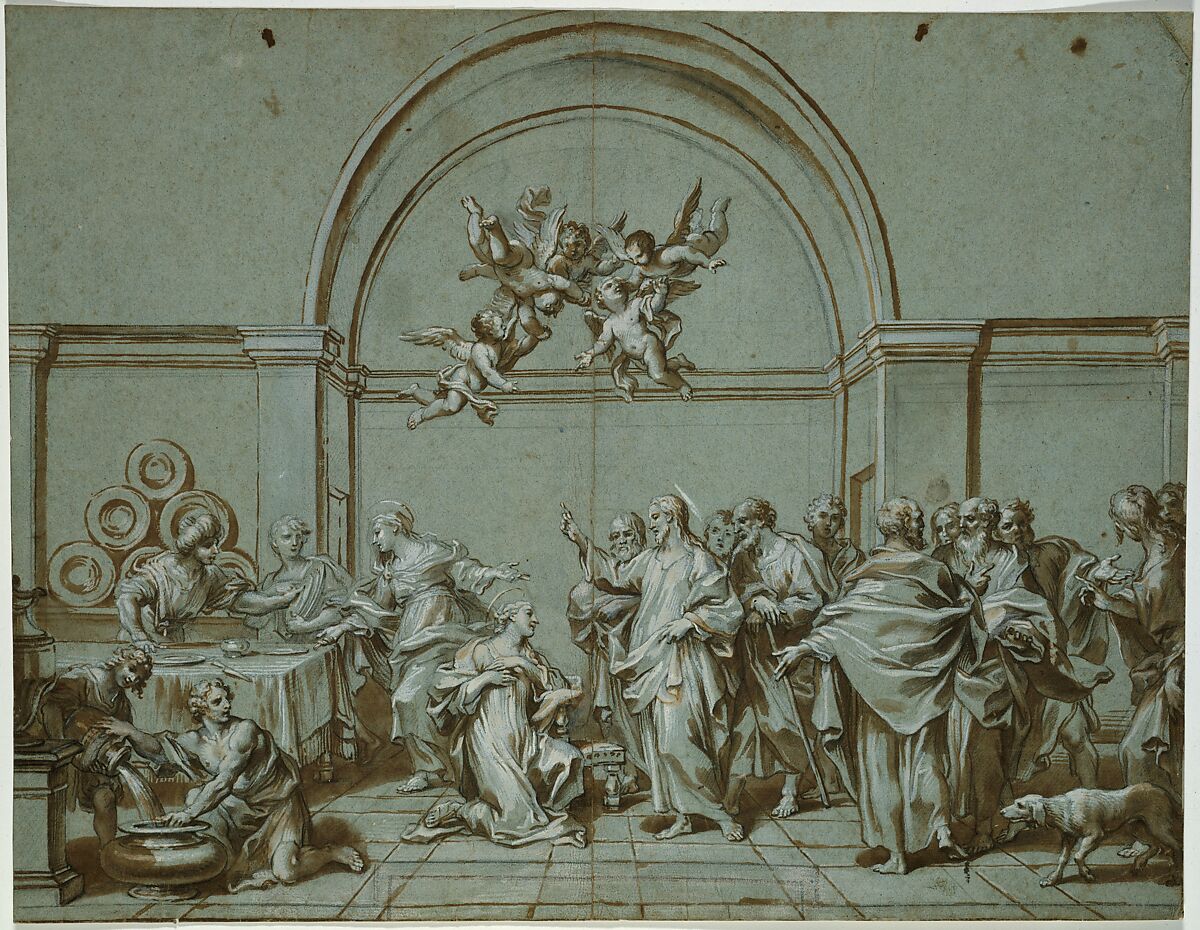 Christ in the House of Martha and Mary (Luke 10:38-42), Paolo Gerolamo Piola (Italian, Genoa 1666–1724 Genoa), Brush and brown wash, highlighted with white, over black chalk, on blue-green paper
